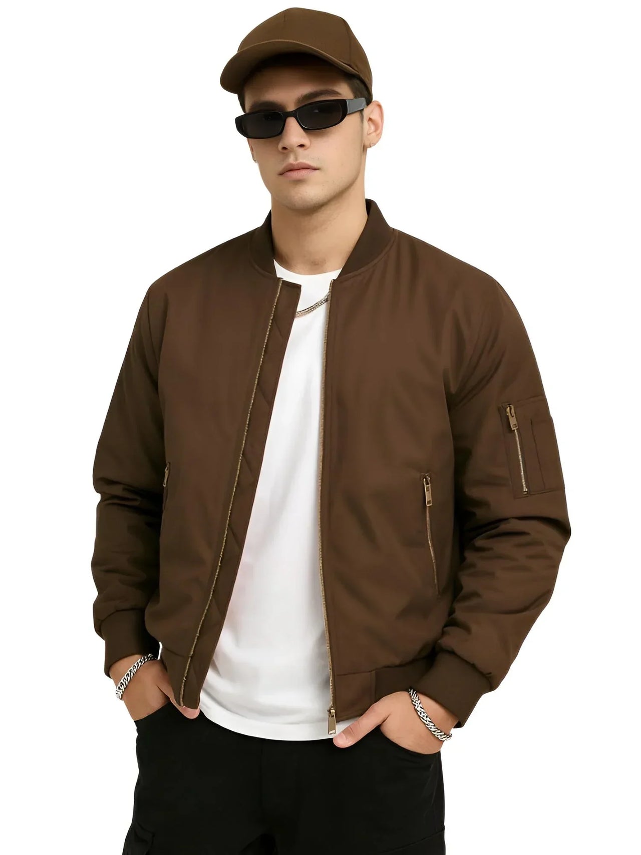 Man wearing a coffee brown bomber jacket, white shirt, and sunglasses on a white background
