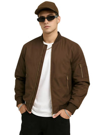Thumbnail for Man wearing a coffee brown bomber jacket, white shirt, and sunglasses on a white background