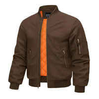 Thumbnail for Dark brown bomber jacket with orange quilted lining on a white background