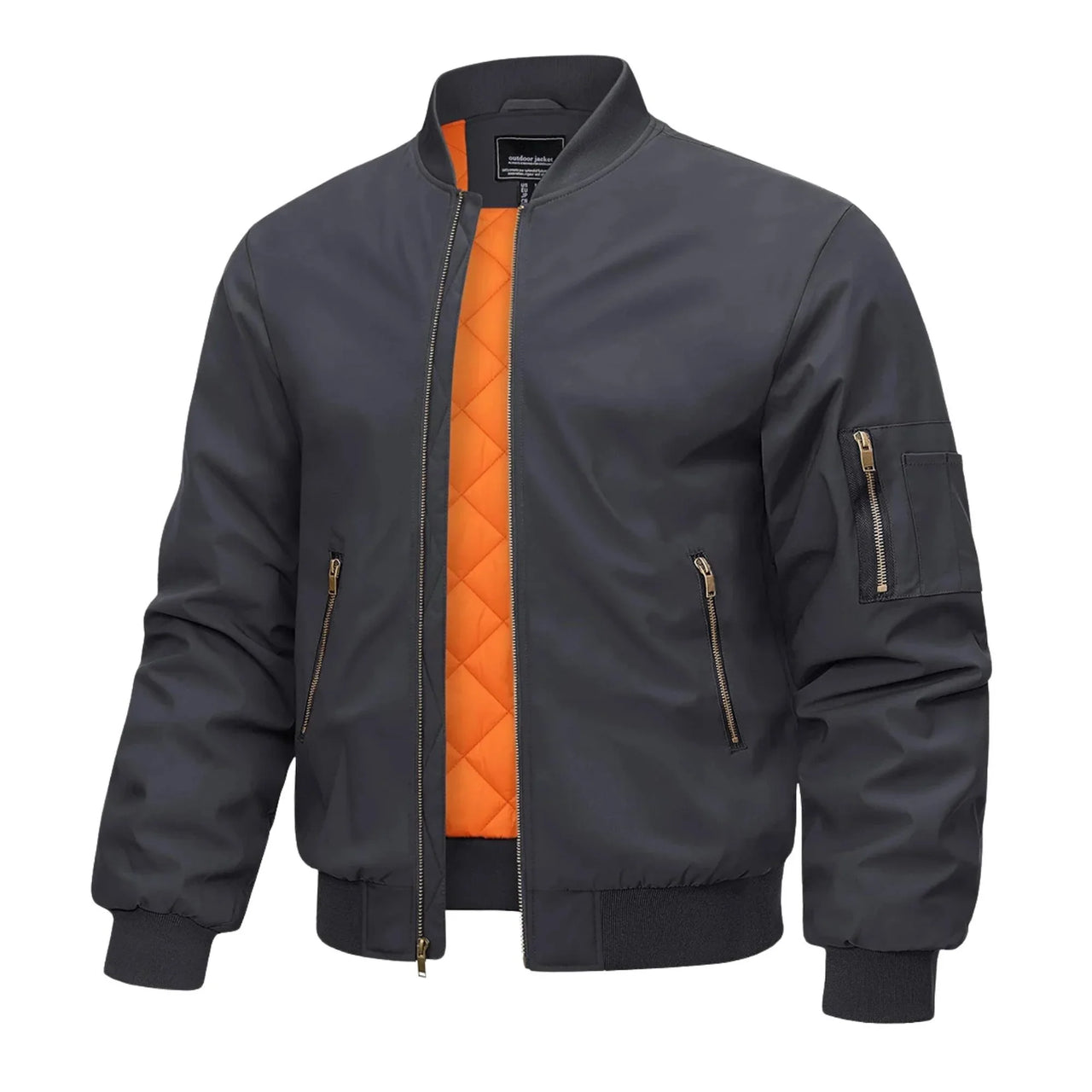 Dark Gray bomber jacket with orange quilted lining on a white background