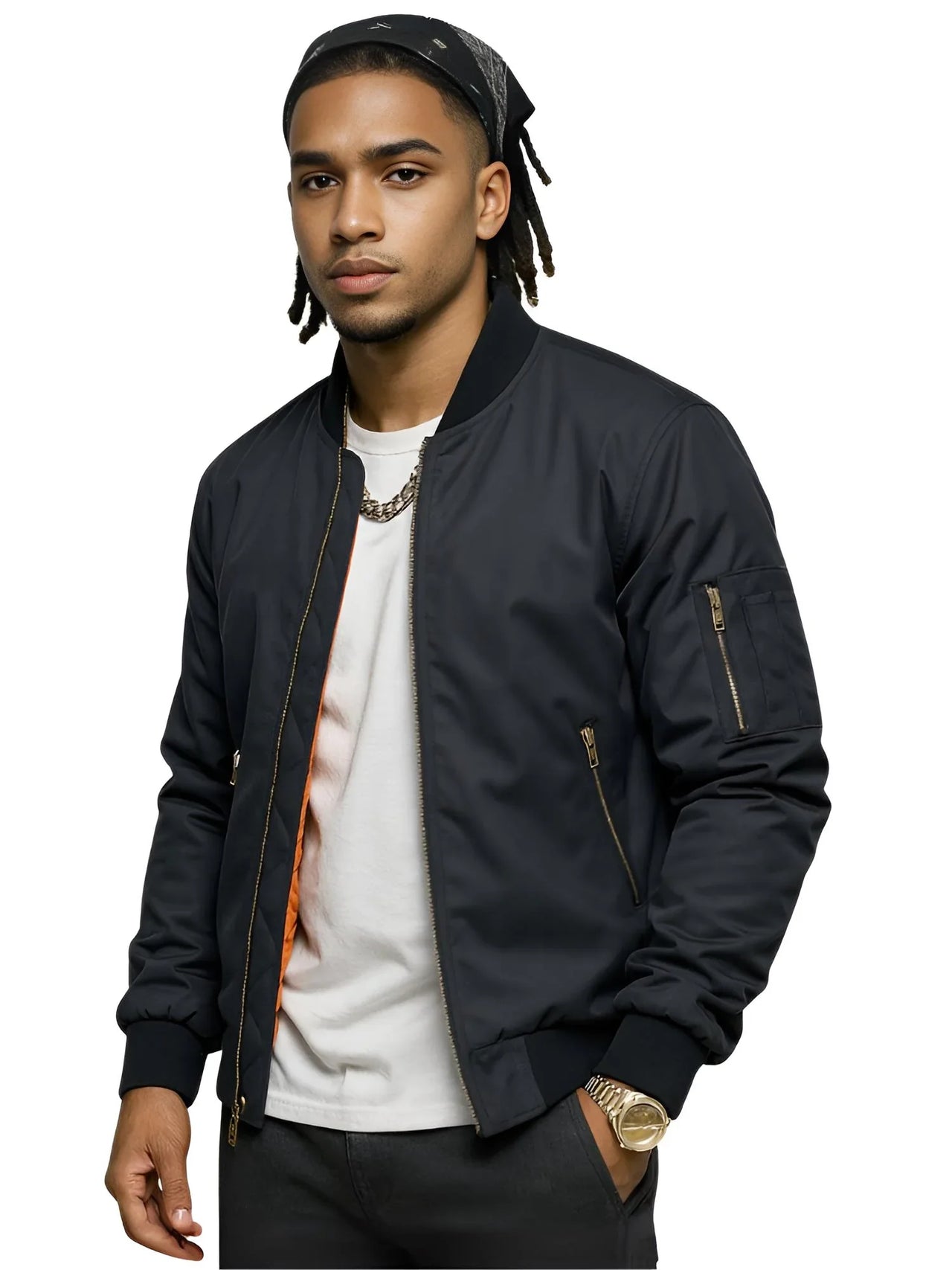 Man wearing a dark gray bomber jacket over a white shirt on a white background