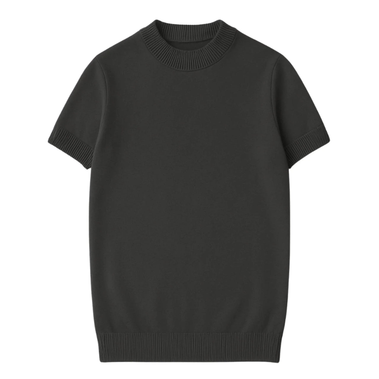 Short sleeve dark gray mock neck shirt on a white background