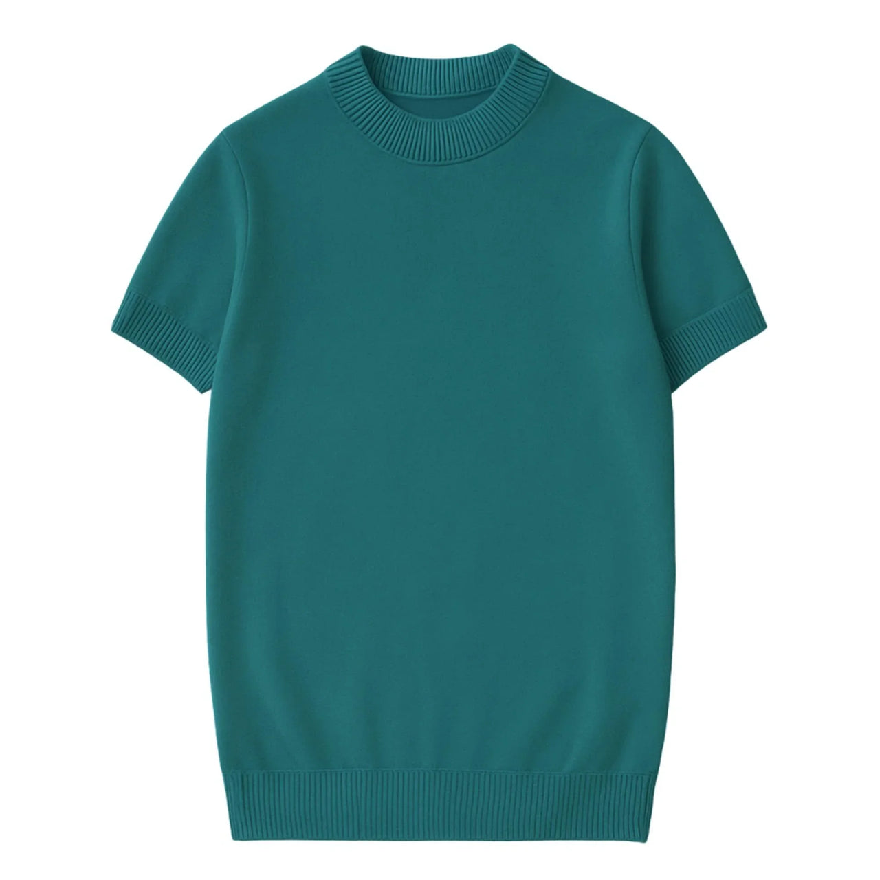 Short sleeve dark green mock neck shirt on a white background