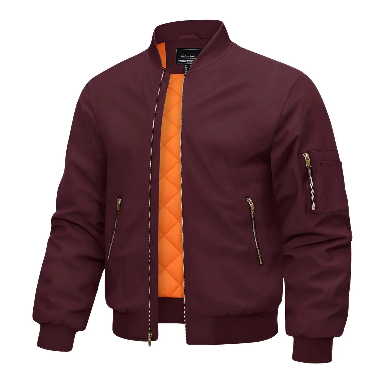 Maroon bomber jacket with orange quilted lining on a white background