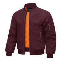 Thumbnail for Maroon bomber jacket with orange quilted lining on a white background