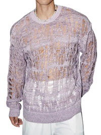 Thumbnail for Person wearing a light purple distressed sweater with a textured pattern on a white background