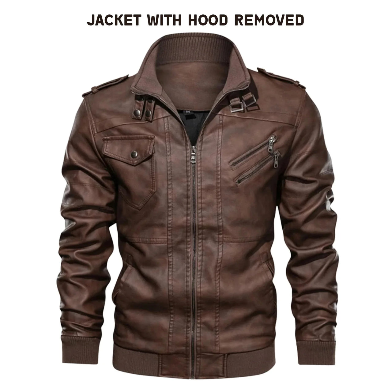 Brown leather jacket with removed hood on a white background