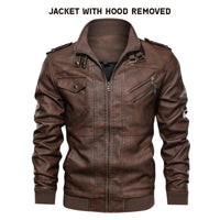 Thumbnail for Brown leather jacket with removed hood on a white background