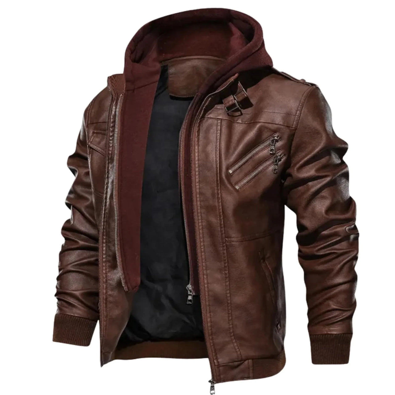 Brown leather jacket with a hood on a white background