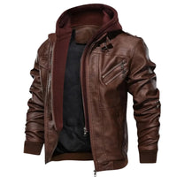 Thumbnail for Brown leather jacket with a hood on a white background
