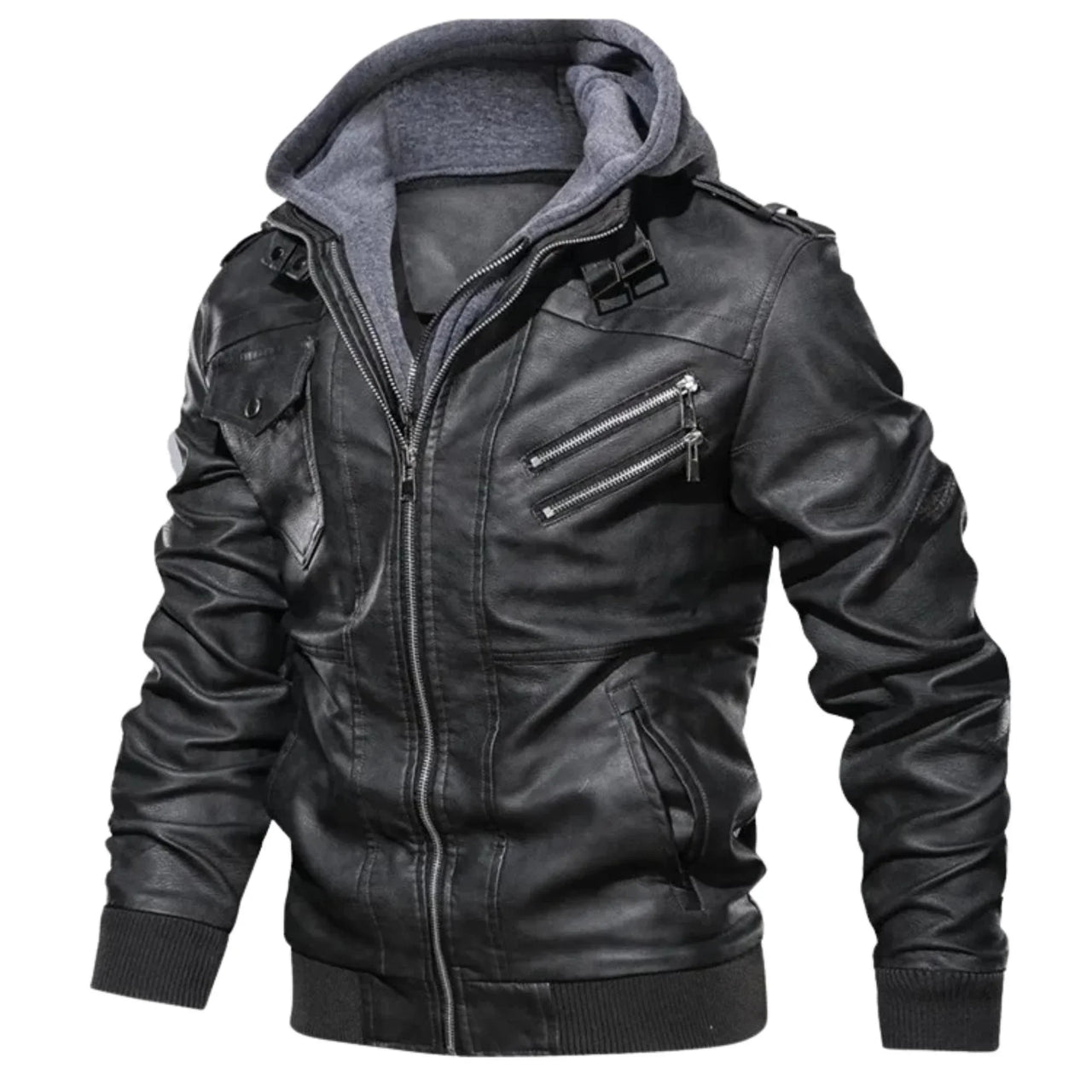 Black leather jacket with gray hood on a white background