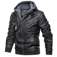 Thumbnail for Black leather jacket with gray hood on a white background