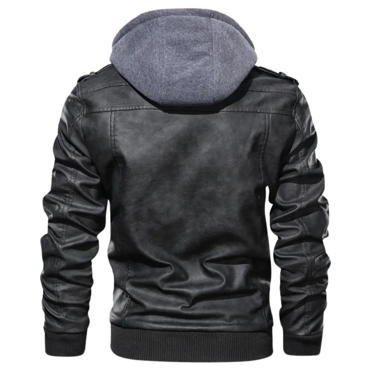 Black leather jacket with gray hood on a white background