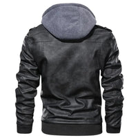 Thumbnail for Black leather jacket with gray hood on a white background