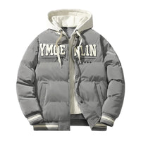 Thumbnail for Gray puffer jacket with white lettering on a white background