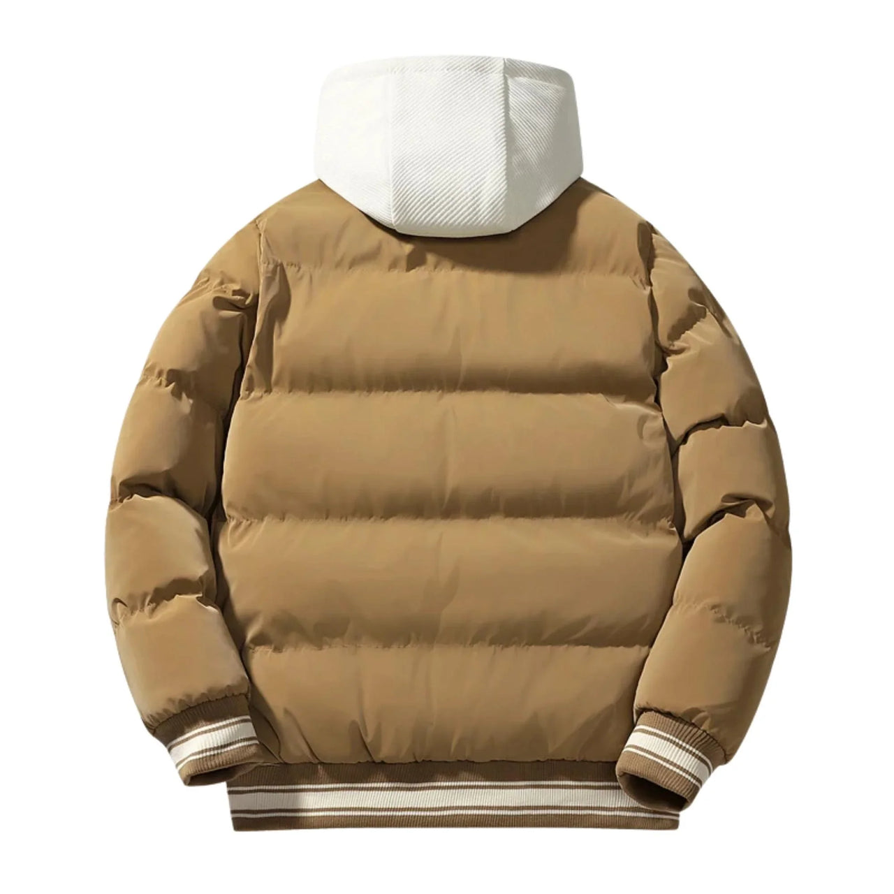 Brown puffer jacket with white hood on a white background