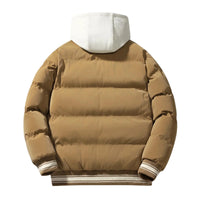 Thumbnail for Brown puffer jacket with white hood on a white background
