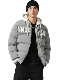 Thumbnail for Person wearing a gray puffer jacket with brand logos on a white background