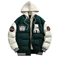 Thumbnail for Green and white hooded varsity jacket with patches on a white background