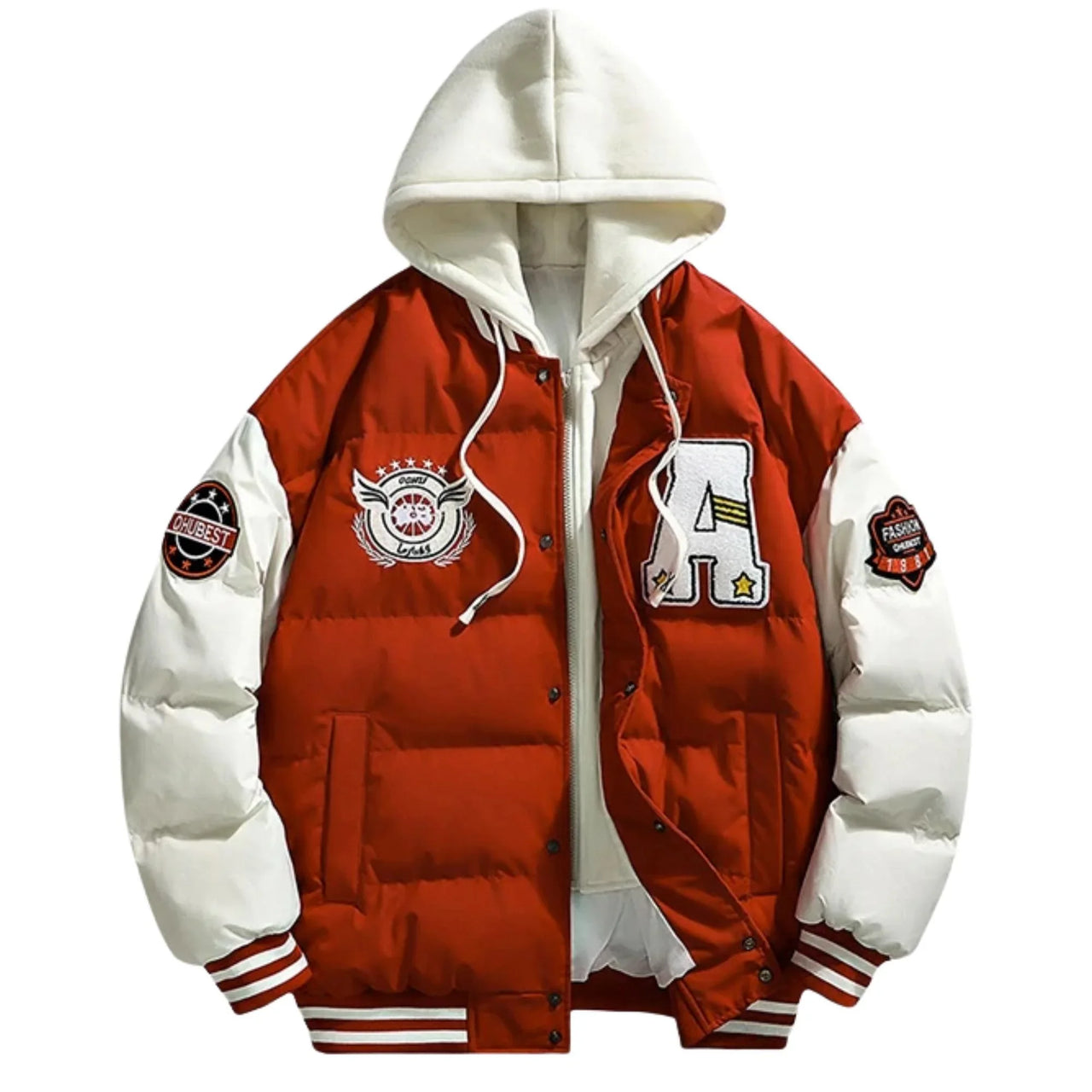 Red and white puffer hooded varsity jacket with patches on a white background