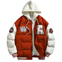 Thumbnail for Red and white puffer hooded varsity jacket with patches on a white background