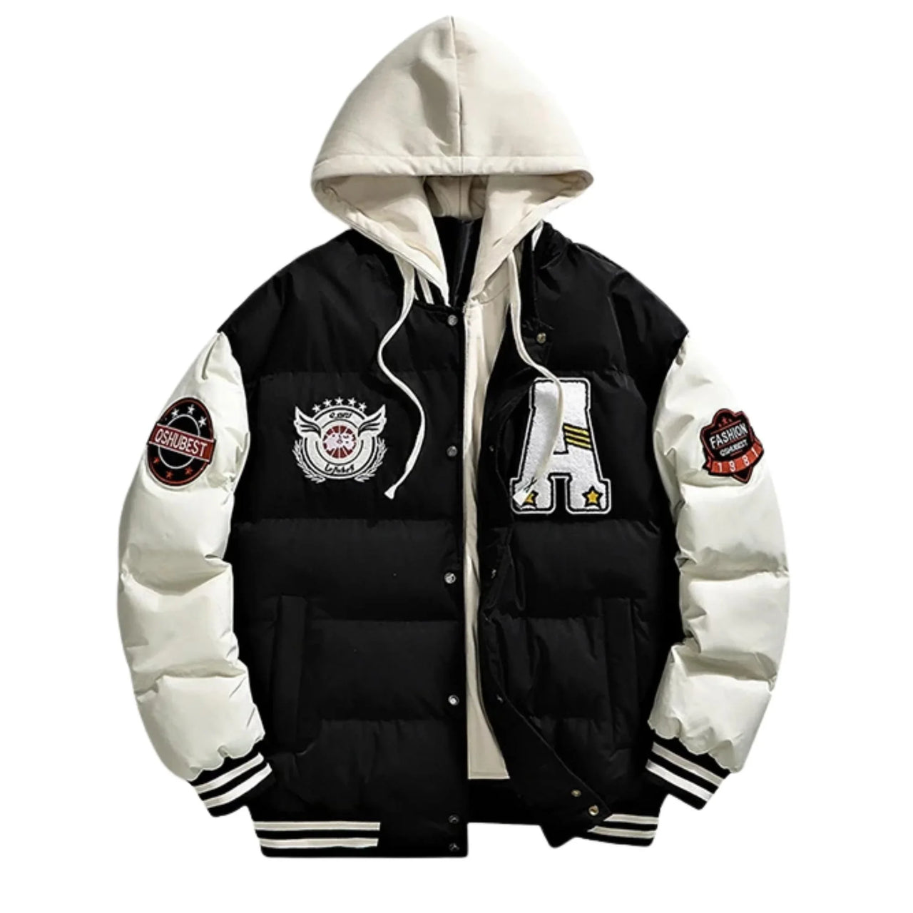 Black and white hooded varsity jacket with patches on a white background