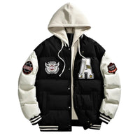 Thumbnail for Black and white hooded varsity jacket with patches on a white background