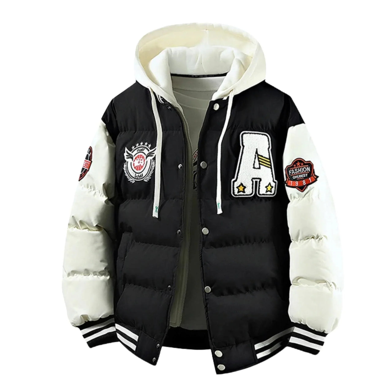 Black and white hooded varsity jacket with patches on a white background
