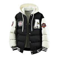Thumbnail for Black and white hooded varsity jacket with patches on a white background