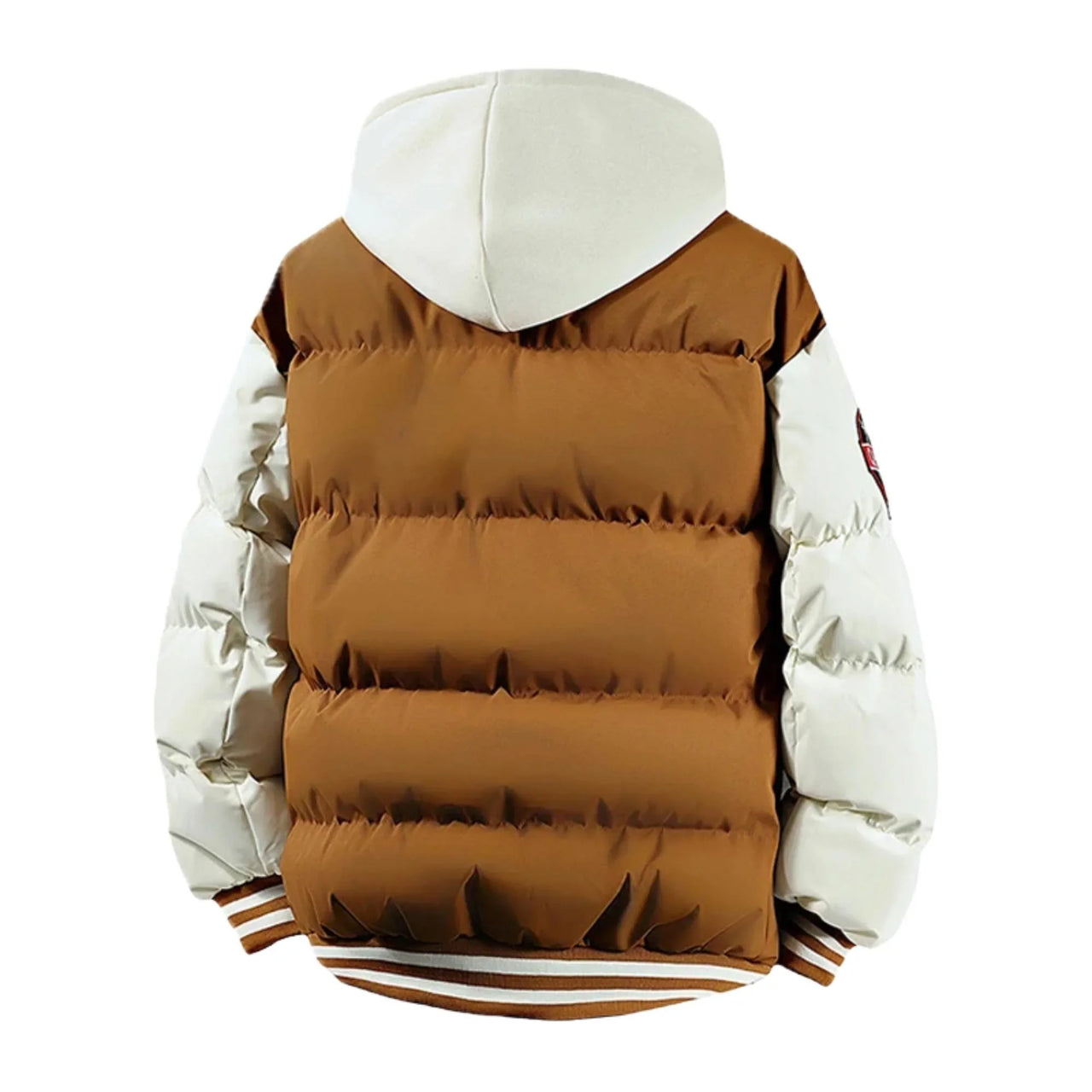 Khaki puffer varsity jacket with white hood on a white background