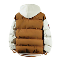 Thumbnail for Khaki puffer varsity jacket with white hood on a white background