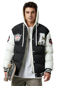 Thumbnail for Man wearing a black and white hooded varsity jacket with patches, holding a skateboard on a white background