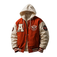 Thumbnail for Red and white hooded varsity jacket with patches on a white background