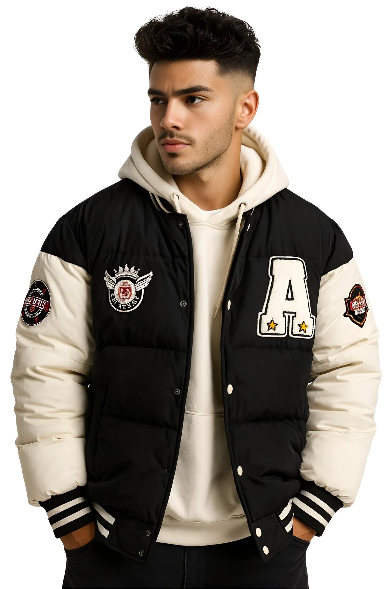 Man wearing a black and white hooded varsity jacket with patches on a white background