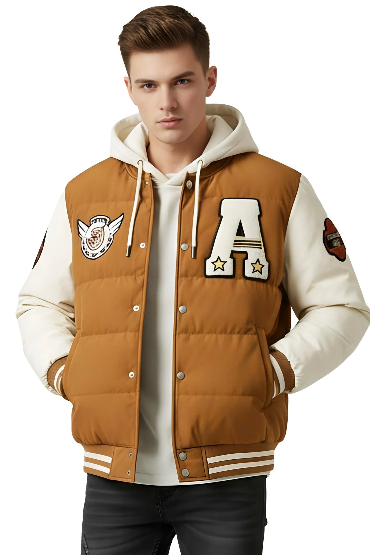 Man wearing a brown and white hooded varsity jacket with patches on a white background