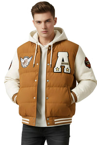 Thumbnail for Man wearing a brown and white hooded varsity jacket with patches on a white background