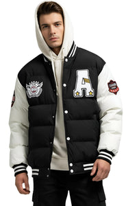 Thumbnail for Man wearing a black and white hooded varsity jacket with patches on a white background