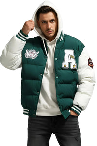 Thumbnail for Man wearing a green and white varsity jacket with a hood, white shirt, and black pants on a white background.