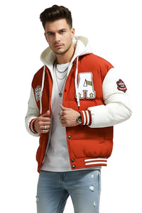 Thumbnail for Man wearing a red and white hooded varsity jacket with patches on a white background