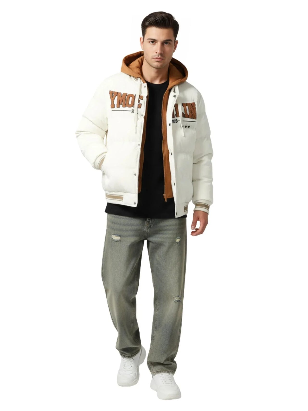 Man wearing a white jacket with brown accents and gray pants on a white background