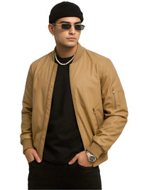 Thumbnail for Man wearing a khaki bomber jacket, black shirt, sunglasses, and black beanie on a white background