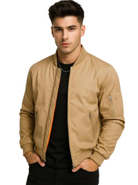 Thumbnail for Man wearing a khaki bomber jacket on a white background