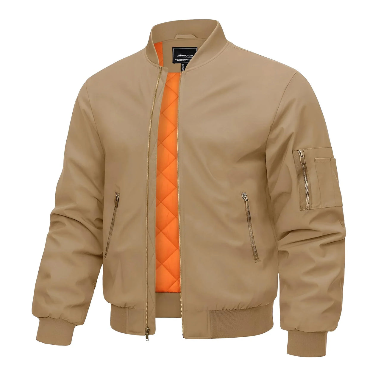 Khaki bomber jacket with orange quilted interior on a white background
