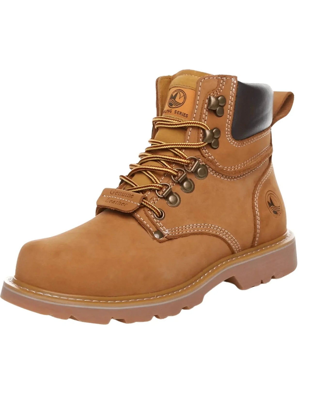 Brown leather boot with laces on a white background