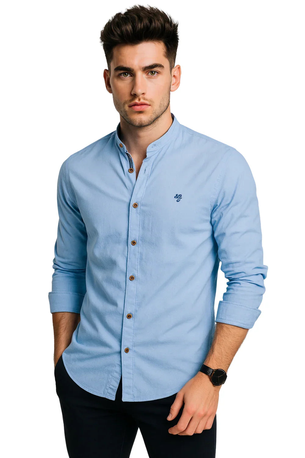 Man wearing a light blue button-up shirt on a white background
