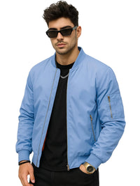 Thumbnail for Man wearing a light blue bomber jacket and sunglasses on a white background