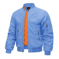 Thumbnail for Light blue bomber jacket with orange quilted lining on a white background