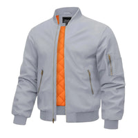 Thumbnail for Light Gray bomber jacket with orange quilted panel on a white background