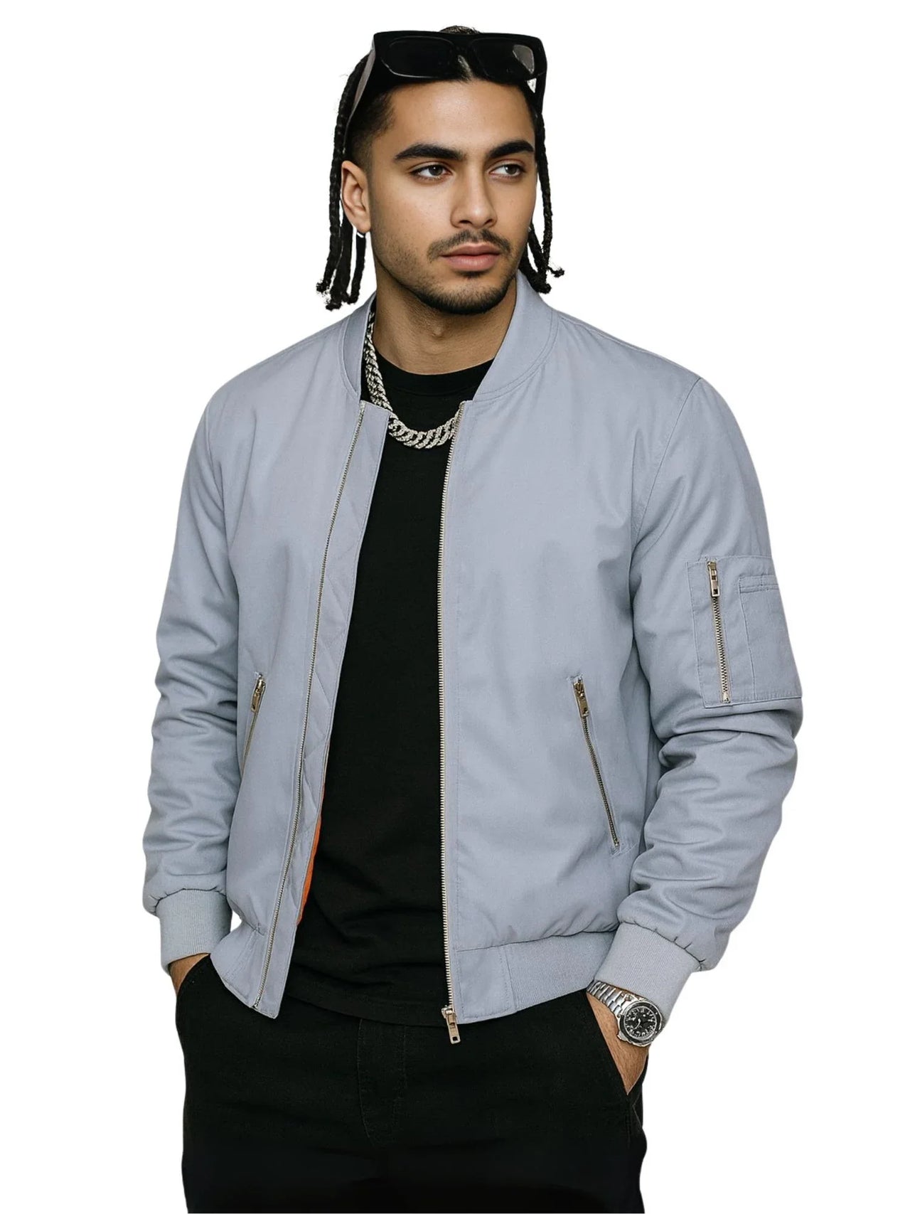 Man wearing a light gray bomber jacket on a white background