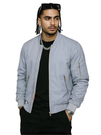 Thumbnail for Man wearing a light gray bomber jacket on a white background